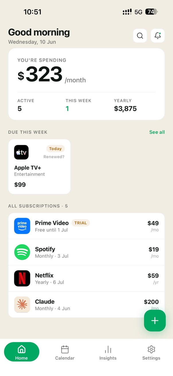 Glint home screen with monthly spending and upcoming renewals