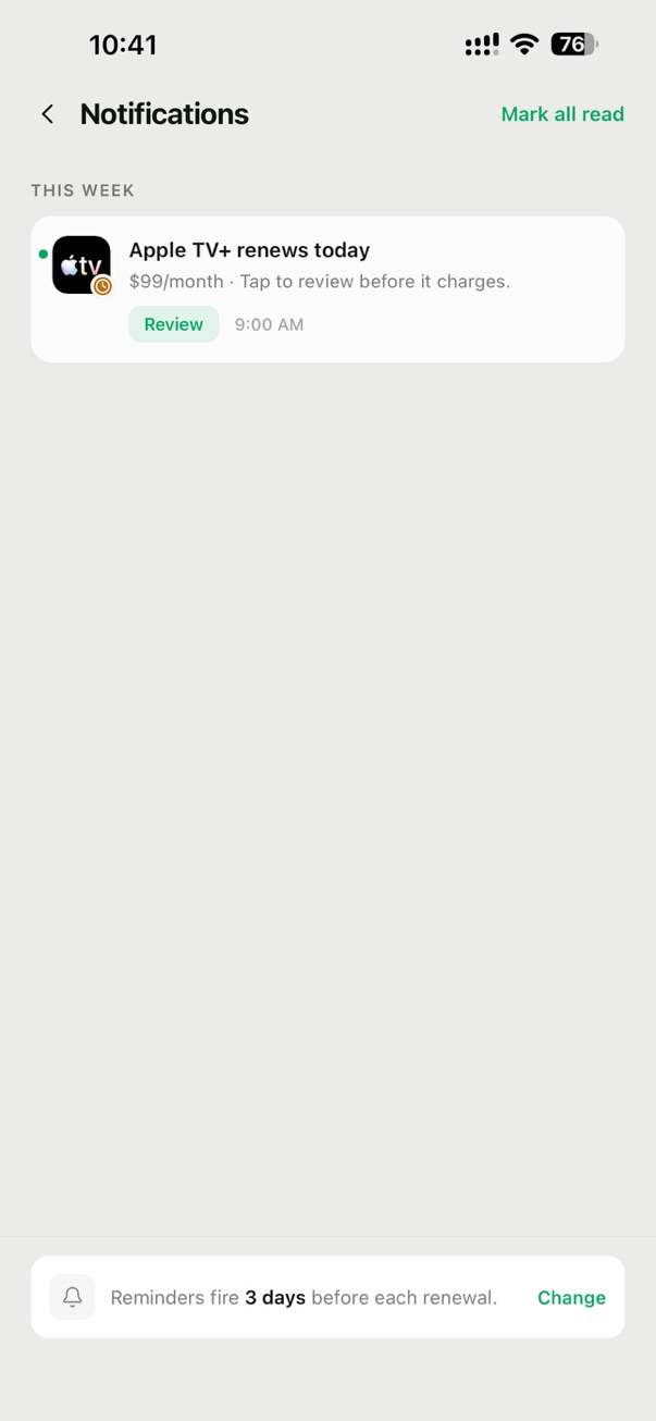 Glint renewal notification shown before a subscription charge